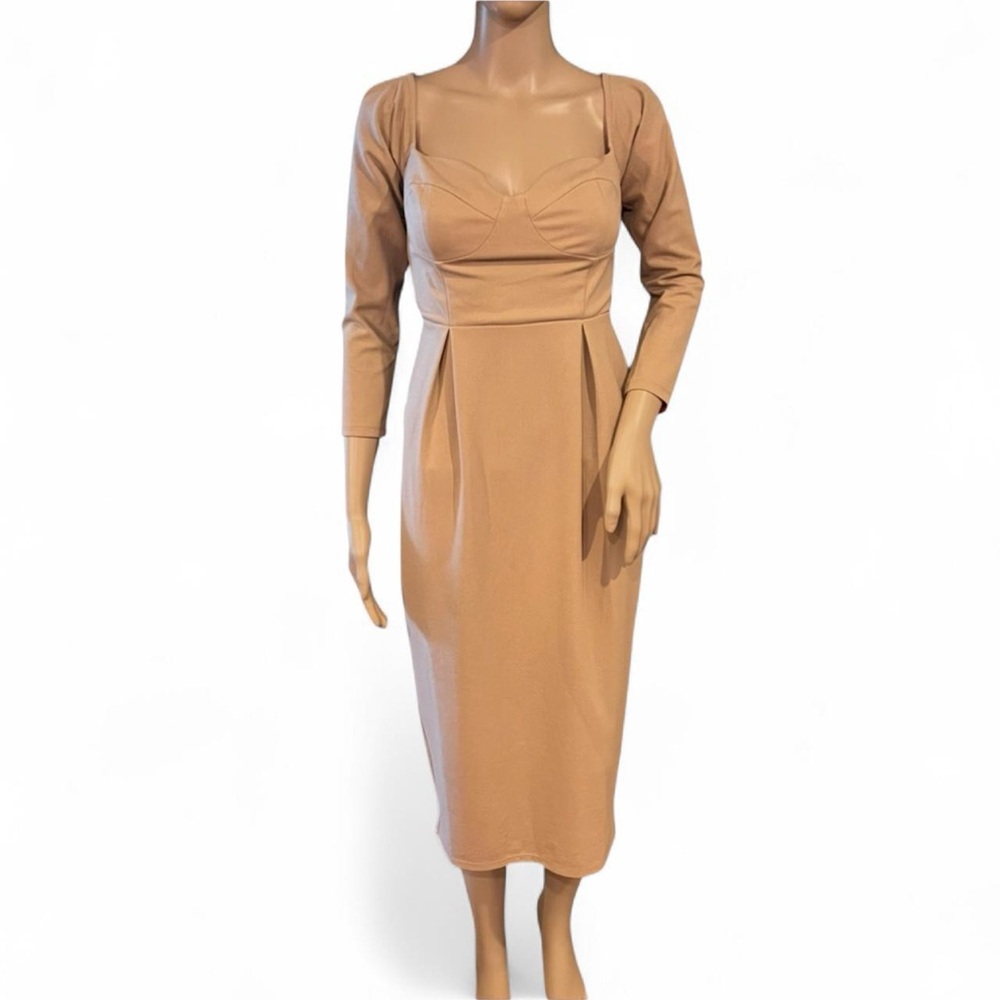 NWT ASOS Camel Beige Bardot 3/4 Sleeve High-Waist Midi Dress Size 6 - Picture 2 of 6